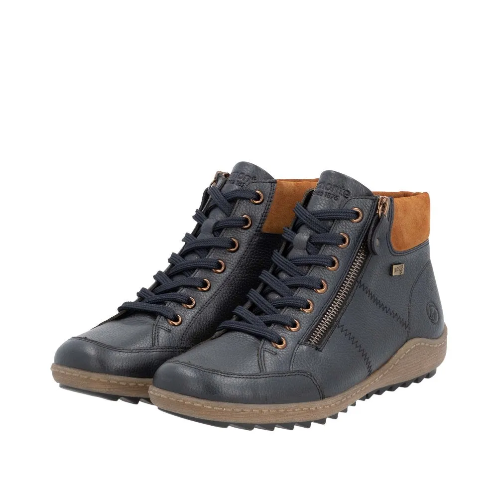 Remonte R1457-14 Ladies Navy Leather Water Resistant Zip & Lace Ankle Boots