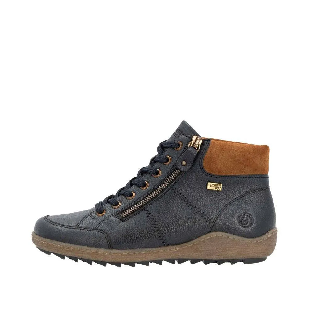 Remonte R1457-14 Ladies Navy Leather Water Resistant Zip & Lace Ankle Boots