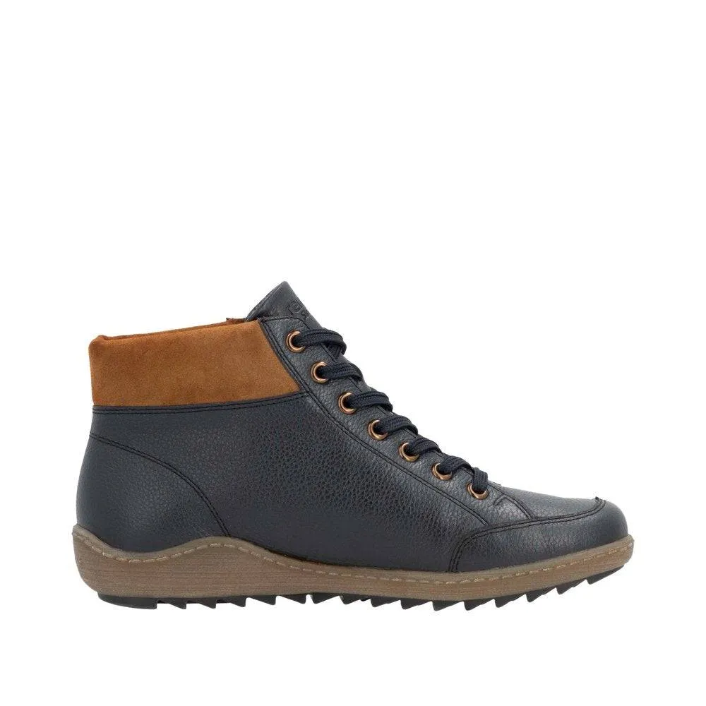 Remonte R1457-14 Ladies Navy Leather Water Resistant Zip & Lace Ankle Boots