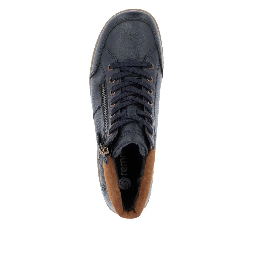 Remonte R1457-14 Ladies Navy Leather Water Resistant Zip & Lace Ankle Boots