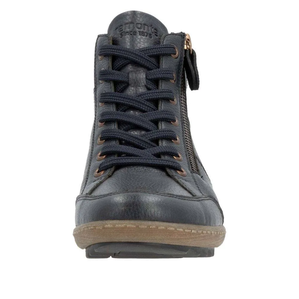 Remonte R1457-14 Ladies Navy Leather Water Resistant Zip & Lace Ankle Boots