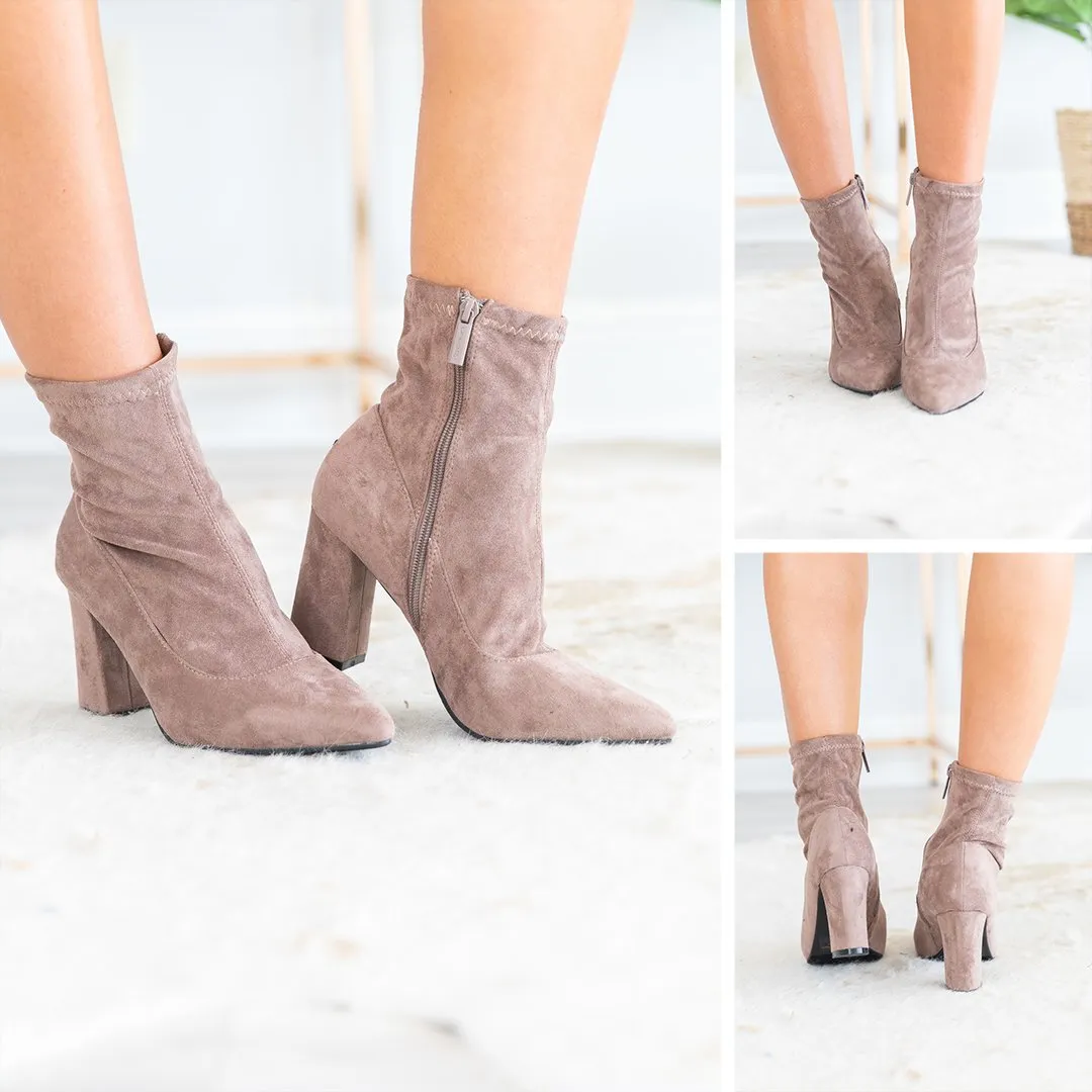 Run The World Taupe Brown Heeled Booties