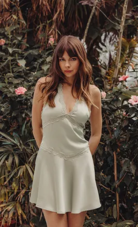 Sage Satin Halter Lace Detail Mini Dress