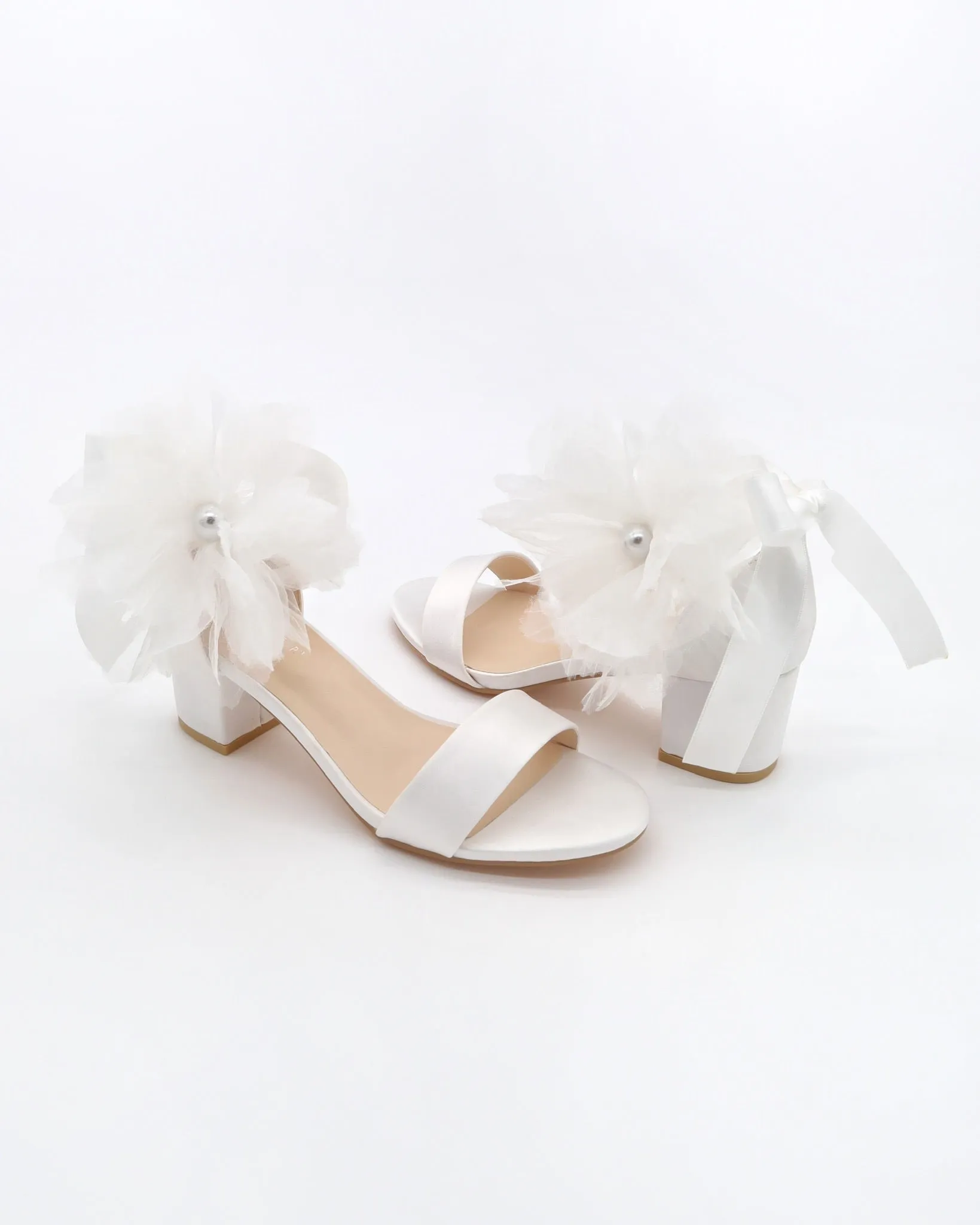 Satin Block Heel Wedding Sandals with Ophelia Flowers