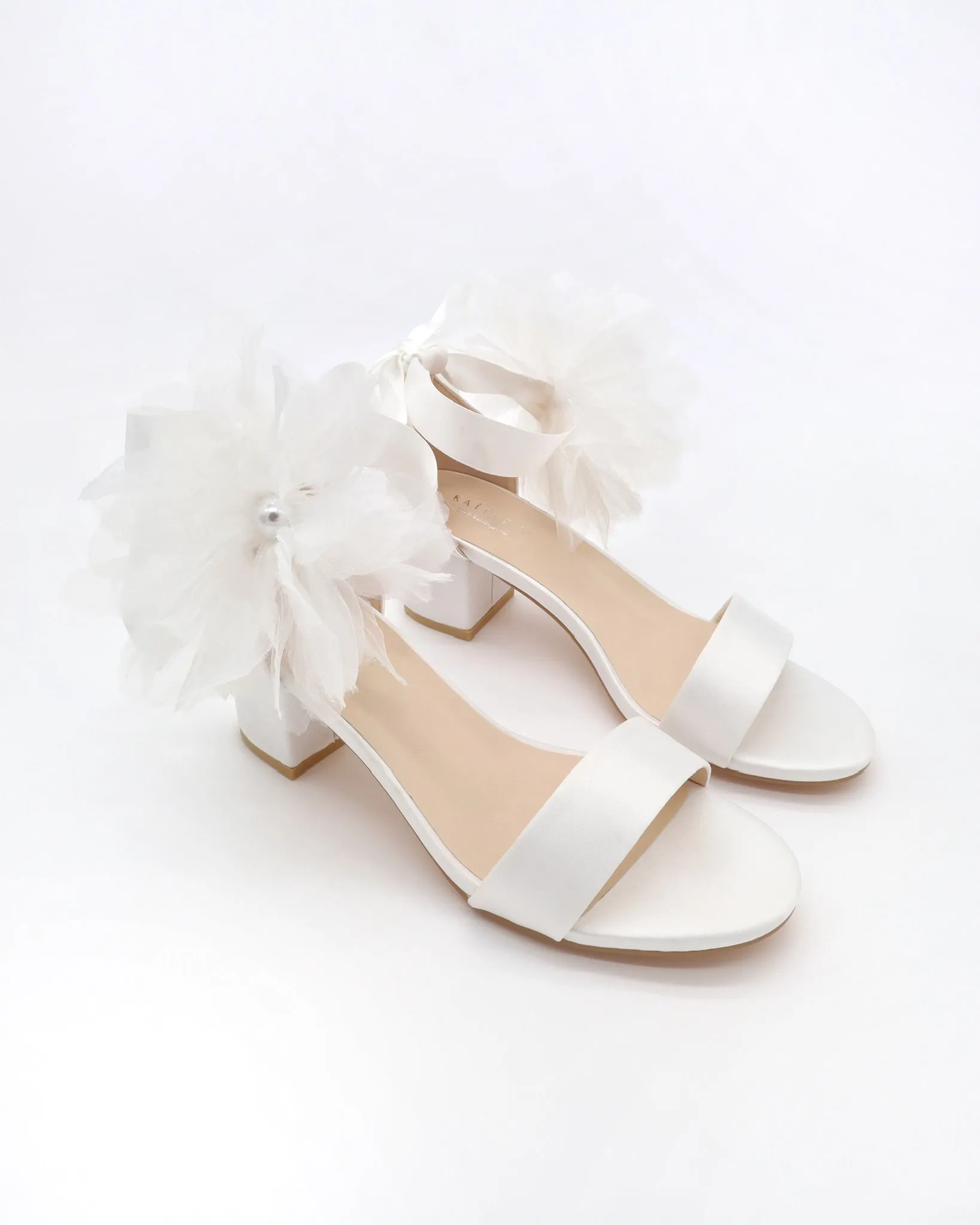 Satin Block Heel Wedding Sandals with Ophelia Flowers