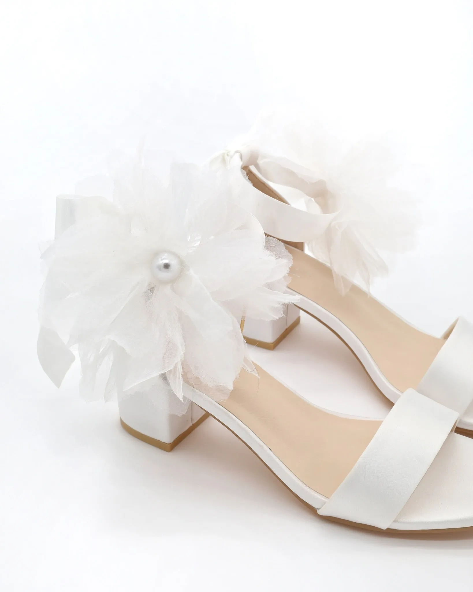 Satin Block Heel Wedding Sandals with Ophelia Flowers