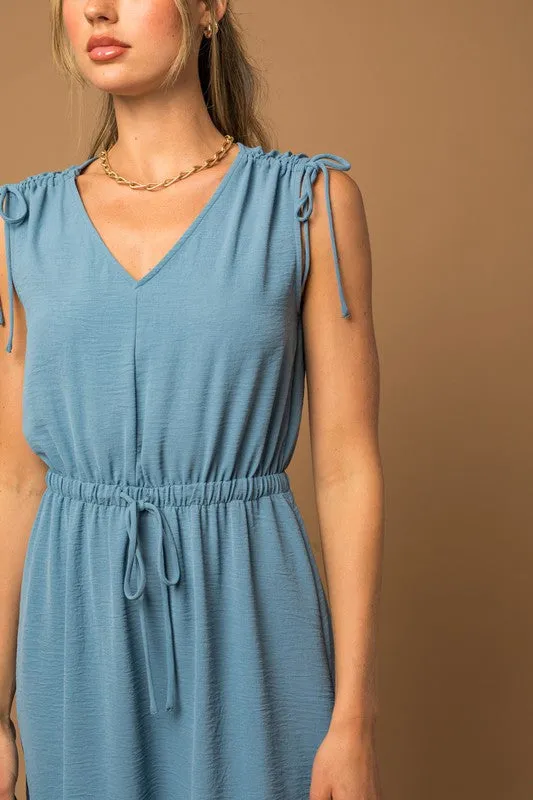 Sleeveless V-neck Shoulder Ruching Mini Dress *Multiple Colors*