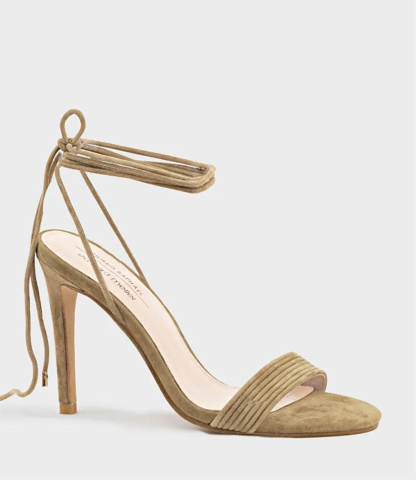 WISTERIA100 Ankle Tie Sandal in Camel Suede