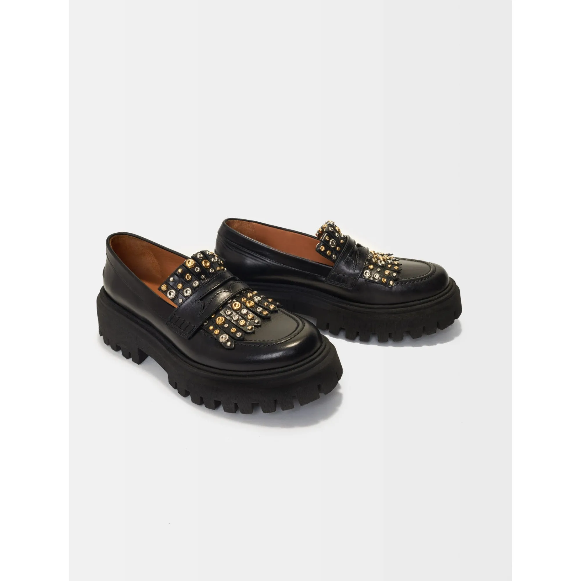 Women Platform Moccasins With Studs - Black