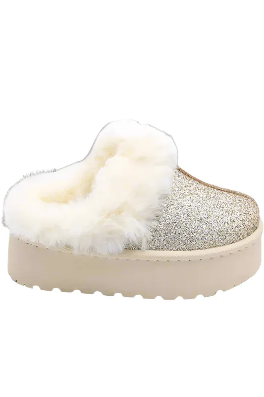 Womens Fleece Glitter Platform Slip-Ons
