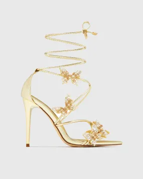 Zarita Crystal Butterfly Lace Up Sandals In Gold