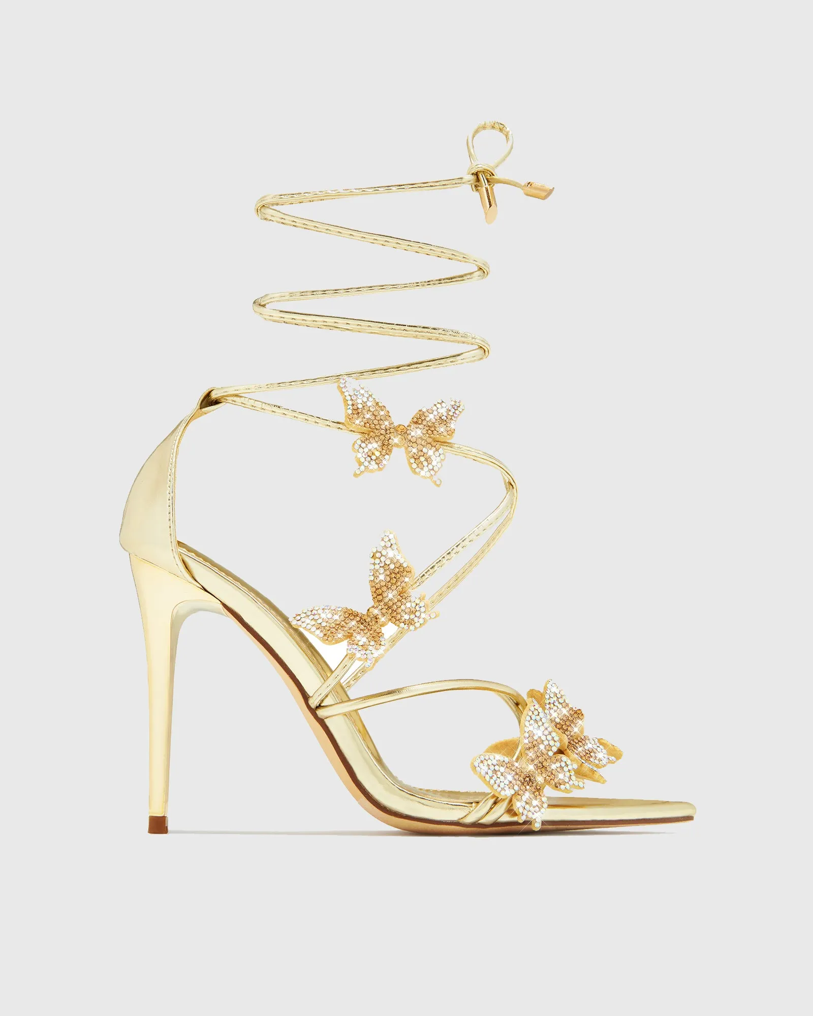 Zarita Crystal Butterfly Lace Up Sandals In Gold